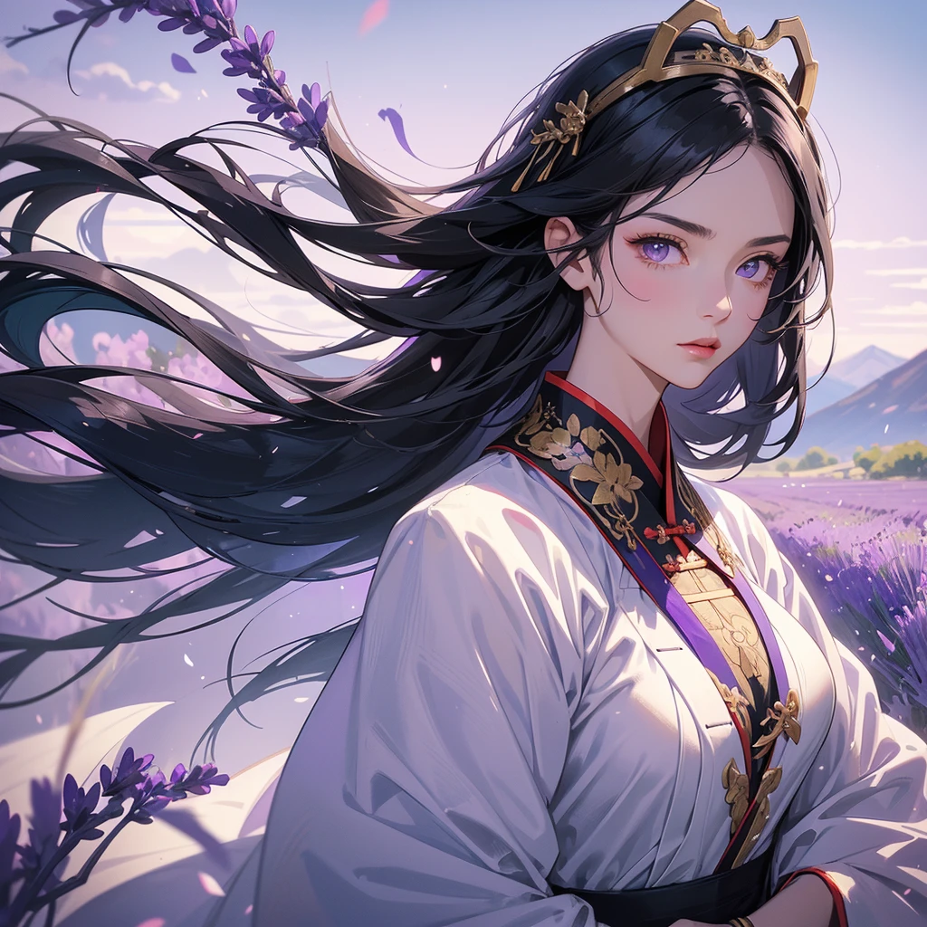 beautiful woman black-haired general holding a large sword in white ancient Chinese general costume, walking In the middle of lavender fields , Surrounded by lavender fields, purple, with green mountains in the background, low clouds, close up.