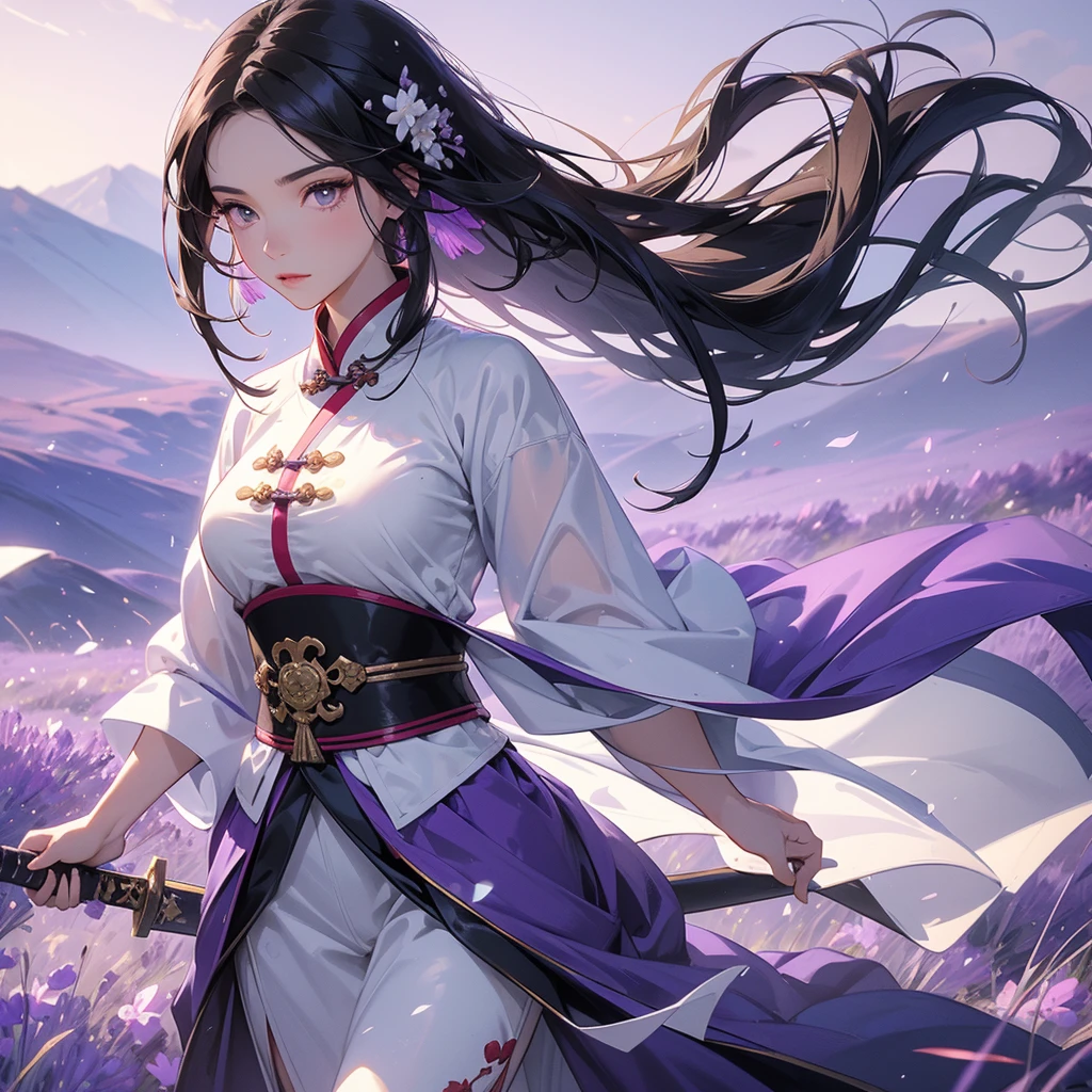 beautiful woman black-haired general holding a large sword in white ancient Chinese general costume, walking In the middle of lavender fields , Surrounded by lavender fields, purple, with green mountains in the background, low clouds, close up.