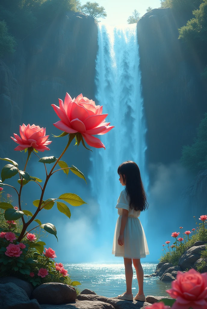 A rose flower and its backgroud is water fall and shines a lot with a girl