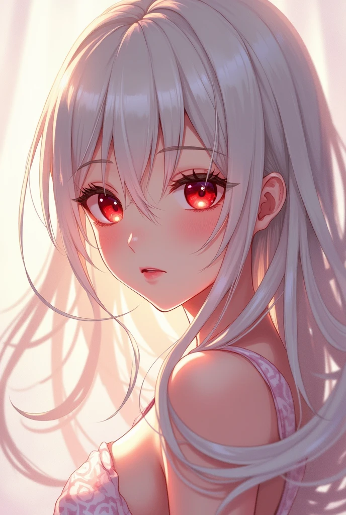 pretty anime girl with red eyes and long white hair