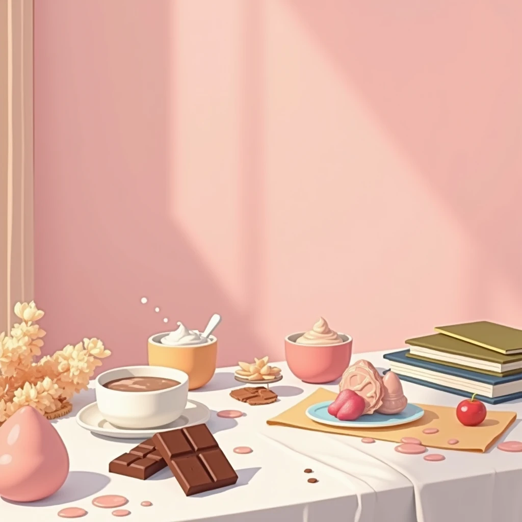 A close up of a table with waste water on it, cloth, books, snacks, chocolate, pink wall background, cute elements