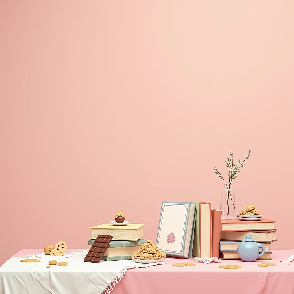 A close up of a table with waste water on it, cloth, books, snacks, chocolate, pink wall background, cute elements