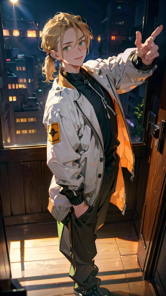 beautiful young male, short blonde ponytail hair, glossy green-tinged hazel eyes, wearing a black jacket and pants, posing with the right index finger touching the lips, with a calm and slightly provocative expression, against a softly blurred warm-toned background light, shot from a slightly high angle, with the person looking directly at the camera, the background lights out of focus.high quality, amount of drawing, pixiv illustration, School boys' uniform, Standing in a school classroom, Wearing a white jacket and pants, smile, Surrealism, chiaroscuro, cinematic lighting, UHD, high details, best quality, highres, 16k