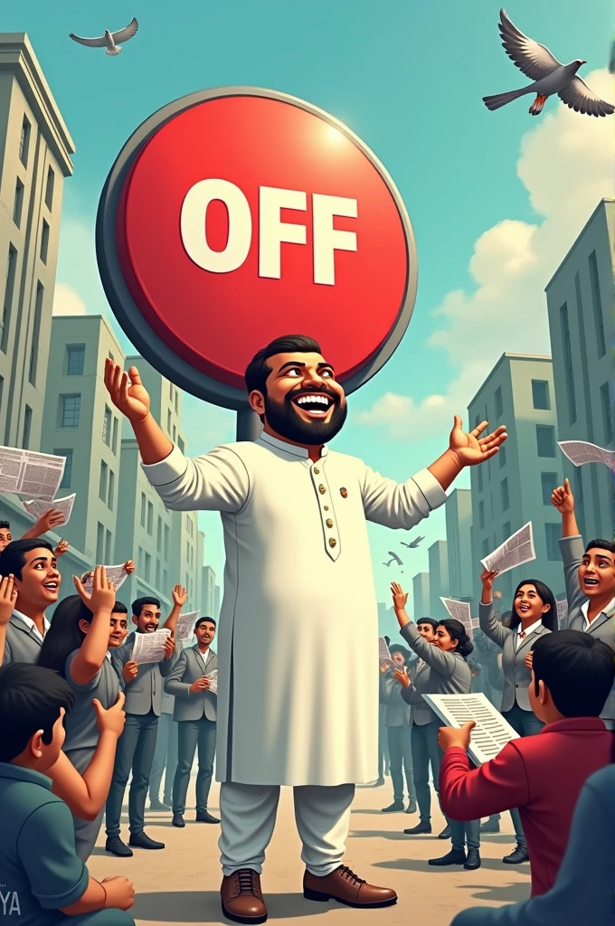 The image shows a minister proudly standing next to a massive, oversized, cartoonish “OFF” button labeled “Internet.” Surrounding him, the scene is chaotic but in a hilarious way: people are trying to “refresh” their newspapers, someone is shaking a TV remote to get it to work, a group of s is trying to “swipe” through a book like it’s a smartphone, and an office worker is furiously trying to send an email by attaching a letter to a homing pigeon. The minister, oblivious to the chaos, has a big smile on his face, thinking he’s made a wise decision.
The tagline is, internet shudown on its own". The minister is a Bangladeshi, wearing white panjubi, big two teeth , light brown skin tone and medium body