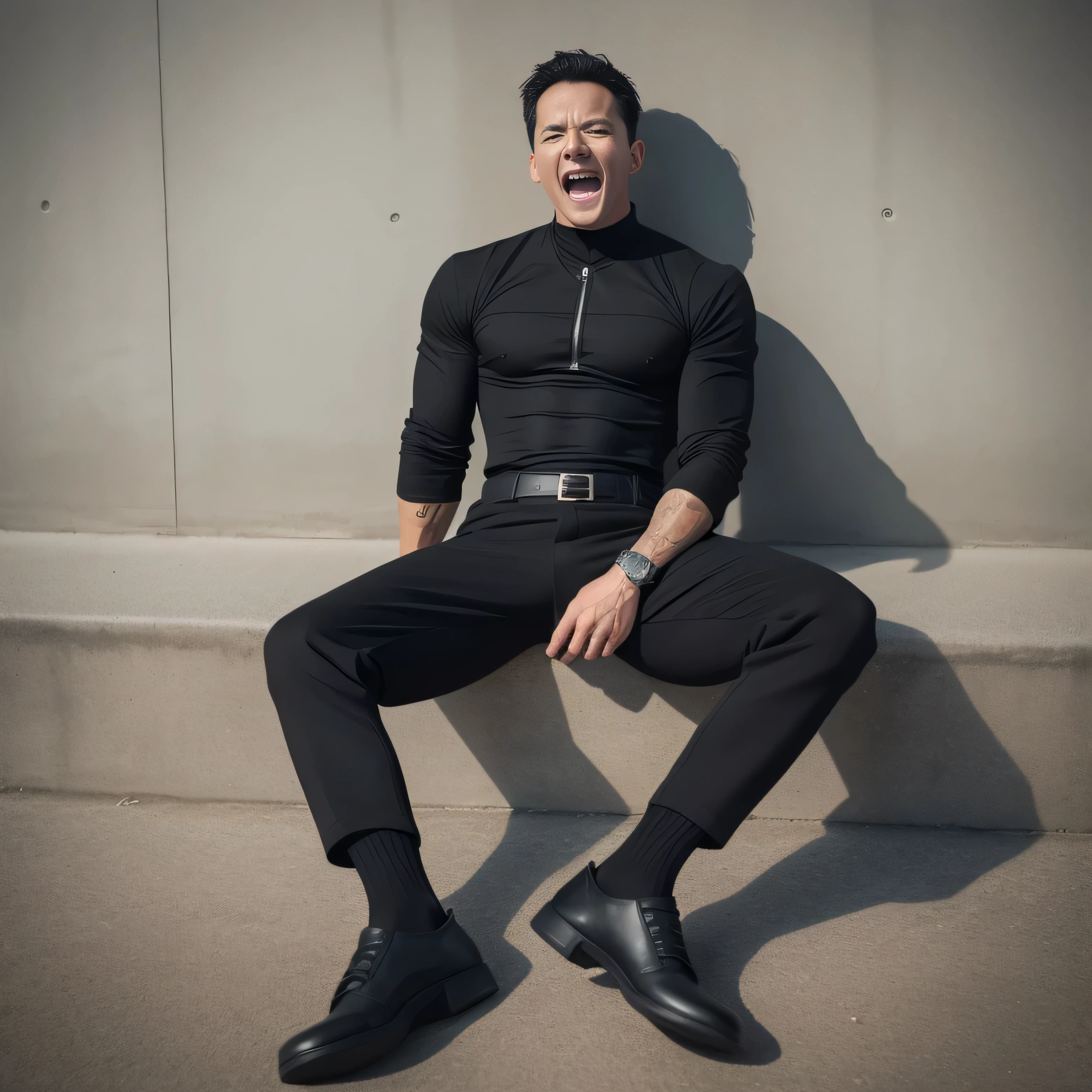 40 years old,One Man,、Handsome、Black bodysuit、Shocker Belt、tall、logic succulent、concrete　logic,Gay ,Very short hair。Sit on the ground with your legs spread in an M shape、The crotch area of the pants is bulging、Black socks　Showing off the soles of your feet　Screaming and suffering face