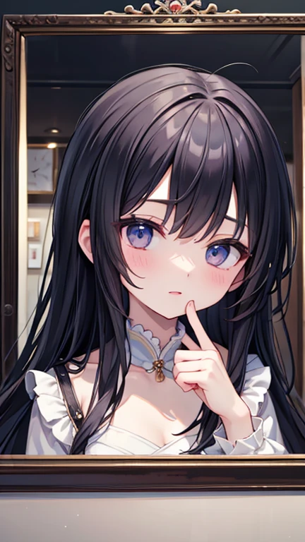 (masterpiece、Highest quality、Very detailed))、one person's、Black Hair、Long Hair、Wavy Hair、Grey Eyes、smile、Pink Lips、Large Breasts、((White sweater))、necklace、Cleavage、((Off the shoulder))、((Strapless))、((Please place a light brown checkered pencil on the bed、Cowboy Shot、Bedroom Background