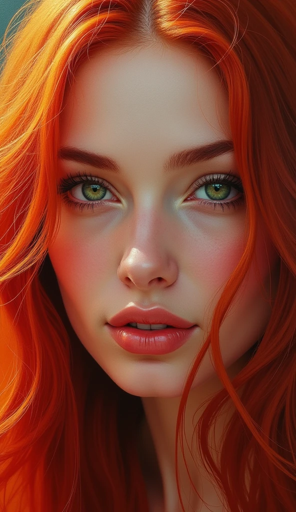 High-quality realistic acrylic art, vivid colors, A photo of a close-up of a woman's face with long, red hair that cascades around her face, partially covering her forehead and cheeks. Her eyes are a captivating shade of green. The background is blurred, emphasizing the woman's face as the primary subject.