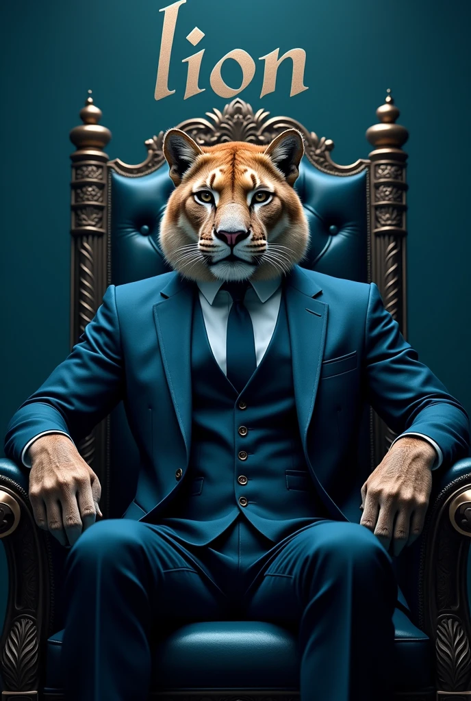 Mountain lion in a suit sitting on a throne with the word written in Armenian symbols above his head " LION " in shades of blue
