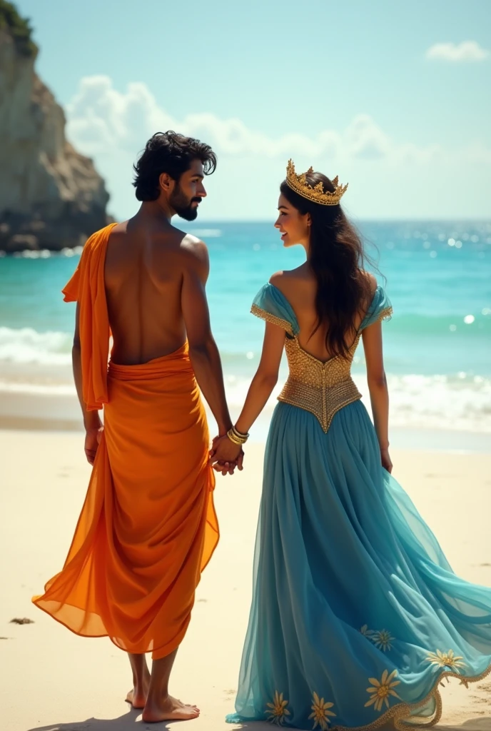 An Indian man wearing an orange dhoti and a blonde skin Portuguese princess wearing a blue and gold dress with a gold crown The portuguese girl and the Indian man are holding the hand of the Portuguese princess They are both walking looking at the camera In the background is a beach with white sand and blue water. The image is in a romantic style, with soft lighting and a dreamy atmosphere