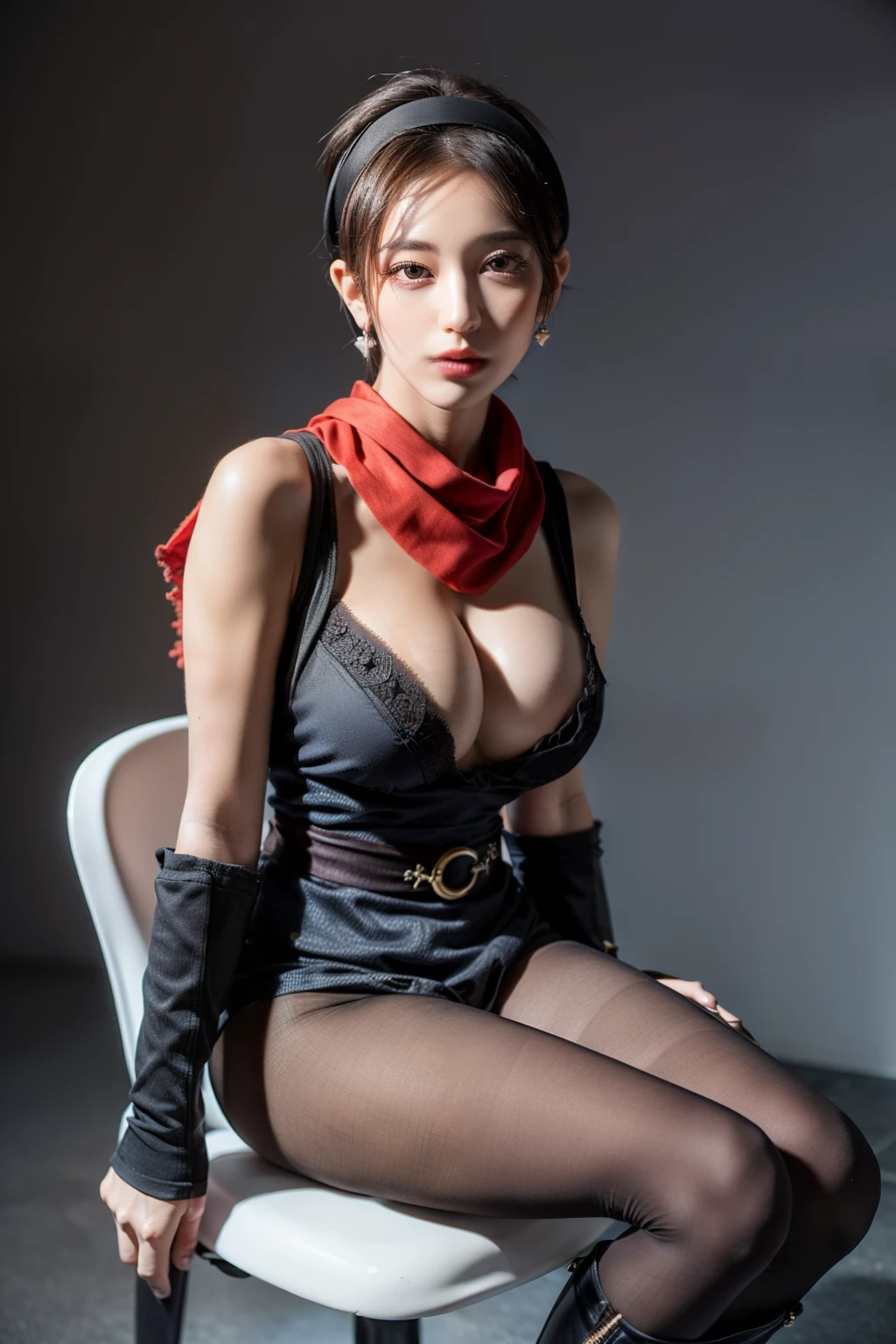 (RAW shooting:1.2, Photoreal:1.5, 8k:1.2, highest quality:1.2, masterpiece:1.2, ultra high resolution:1.2), (perfect dynamic composition:1.2, Highly detailed skin and facial textures:1.2,beautiful and aesthetic:1.2, full body:1.2, Fair skin:1.2), (large breast:1.4, Chest gap:1.4), (perfect limbs:1.2), (perfect fingers:1.2),(1girl:1.2,tall:1.2,sexy:1.2,asian:1.2,glamour:1.2,makeup:1.2),(sitting:1.2,chair:1.2,legs together:1.2),(earrings:1.2),(ragnarok_ninja:1.2),(red ninja scarf:1.2),(black short hair cut:1.2),(hairband:1.2),(double eyelid:1.2),(sash:1.2),(simple background:1.2),(thigh tights:1.2),(ninja boots:1.2),
