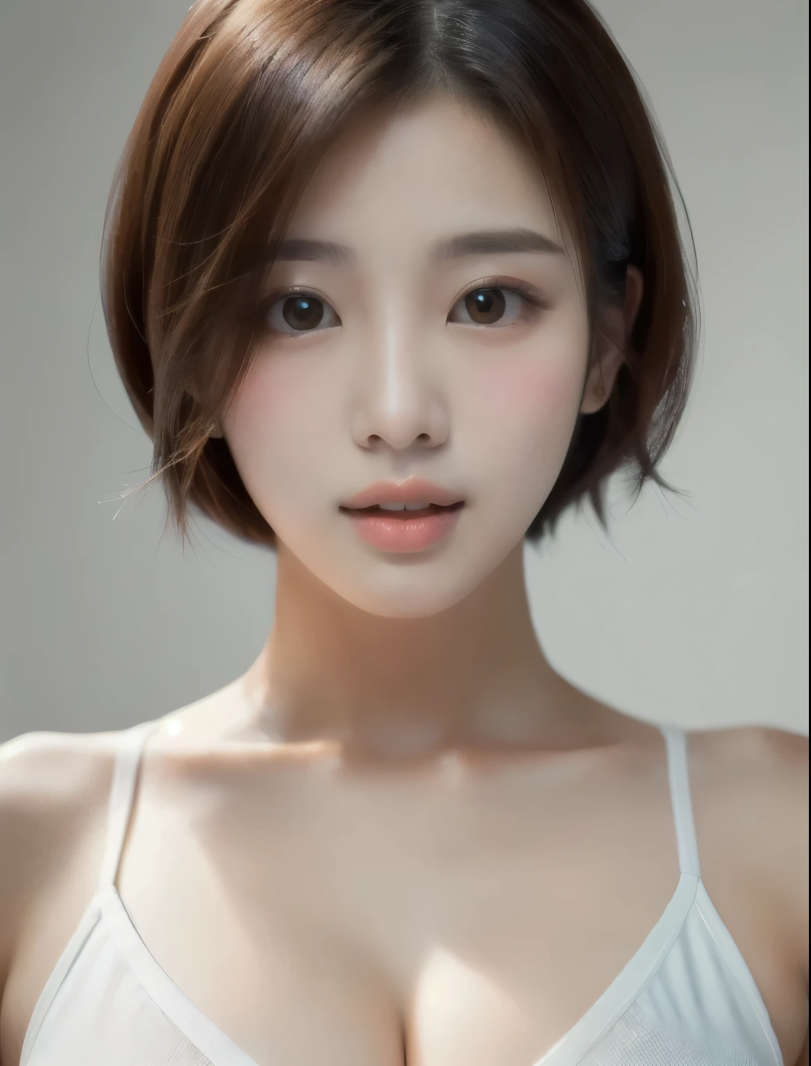 Close-up of a woman with very large breasts, beautiful south Korean women, beautiful young Korean women, Young and adorable Korean face, gorgeous young Korean women, Korean Girls, Young and pretty Asian face, Korean symmetrical face, Short Hair, Korean women, Girl cute beautiful face, Beautiful Asian, Beautiful Asian Faces, Korean facial features、Photorealistic、Round eyes、、Big eyes、masterpiece、