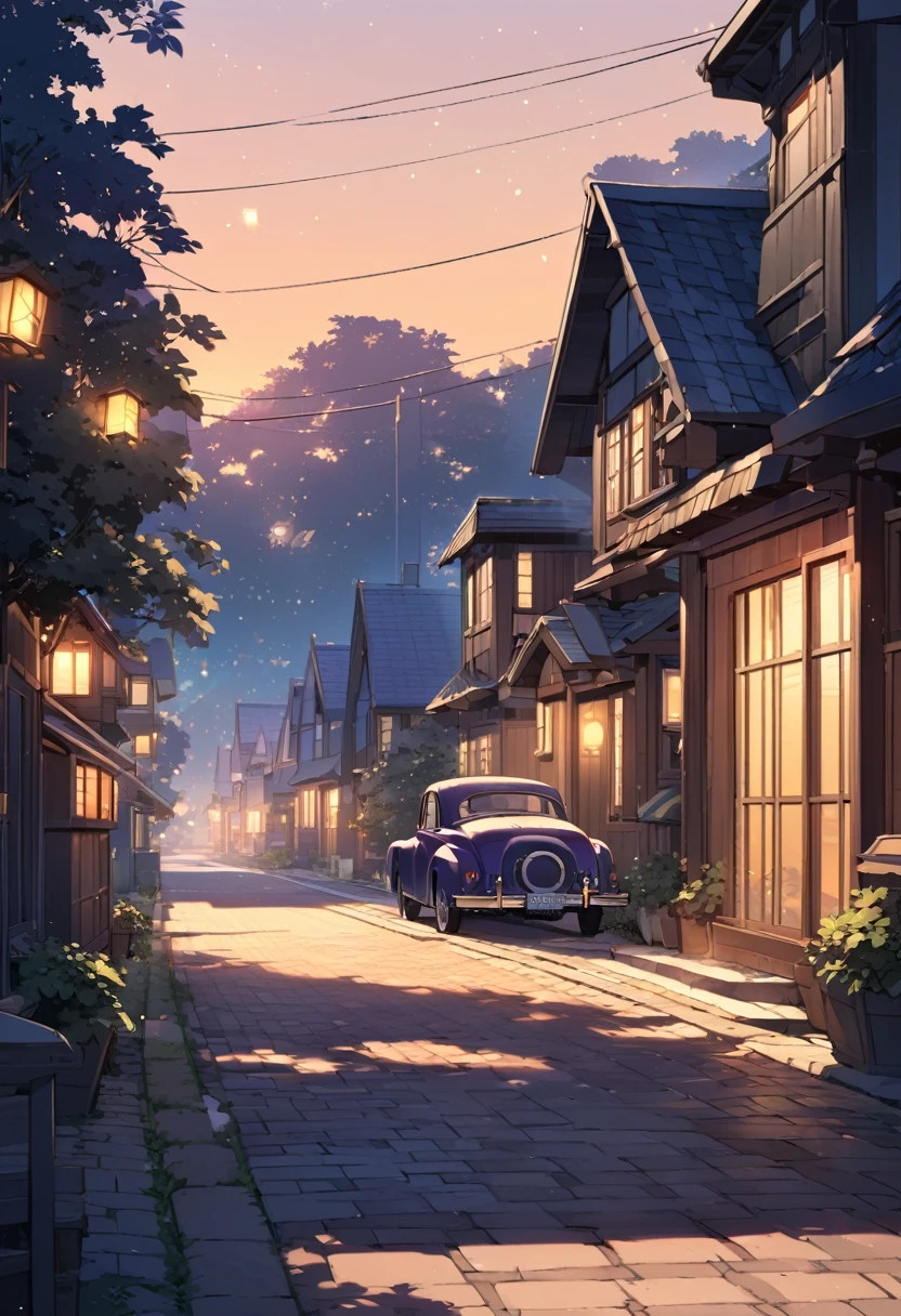 "An anime-style 4K wallpaper of a peaceful suburban neighborhood street at dusk. The scene features a vintage car parked in the driveway of a cozy house. Warm, golden lights glow softly from the house's windows, casting a welcoming aura. The sky above is a deepening twilight, transitioning from shades of purple to dark blue, with twinkling stars beginning to appear. Lush trees line the street, and shadows stretch gently across the pavement, creating a serene and nostalgic atmosphere."