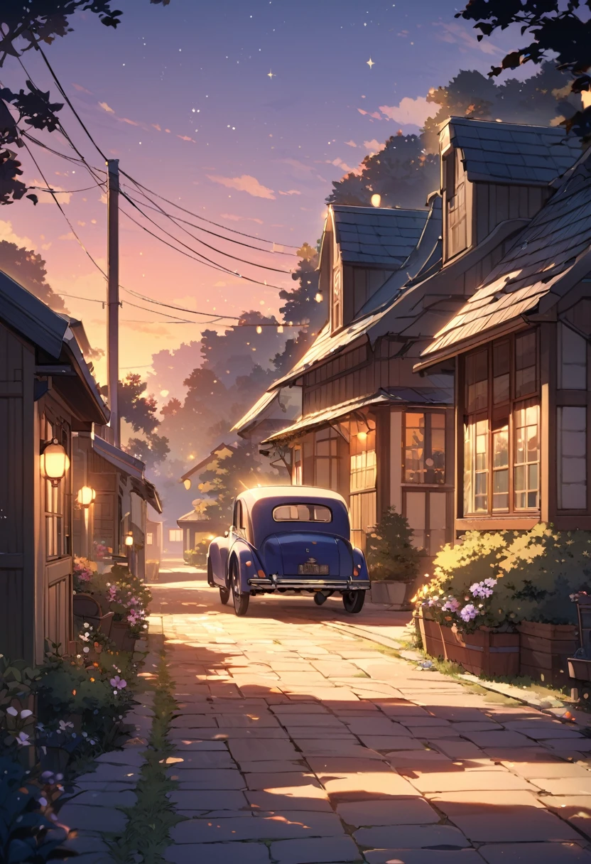 "An anime-style 4K wallpaper of a peaceful suburban neighborhood street at dusk. The scene features a vintage car parked in the driveway of a cozy house. Warm, golden lights glow softly from the house's windows, casting a welcoming aura. The sky above is a deepening twilight, transitioning from shades of purple to dark blue, with twinkling stars beginning to appear. Lush trees line the street, and shadows stretch gently across the pavement, creating a serene and nostalgic atmosphere."