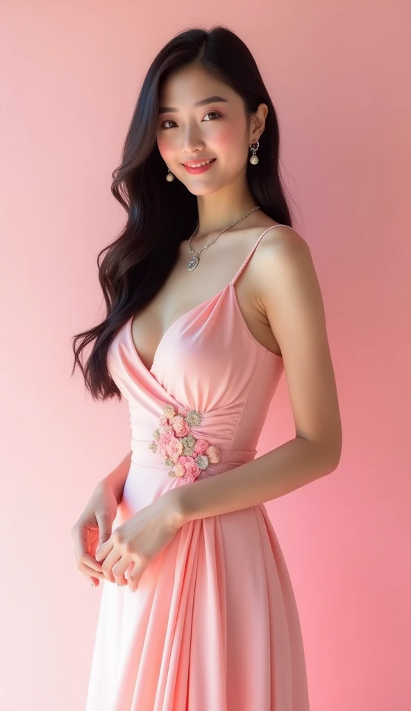 A beautiful Asian woman with a slightly exposed chest wears a stylish dress in pink. The dress combines modern style and traditional touches with soft fabrics and intricate detailing. The woman stood confidently with long, neat hair, warm and elegant expression. The background is a pastel color that matches the pink of her dress, creating a bright and cheerful atmosphere