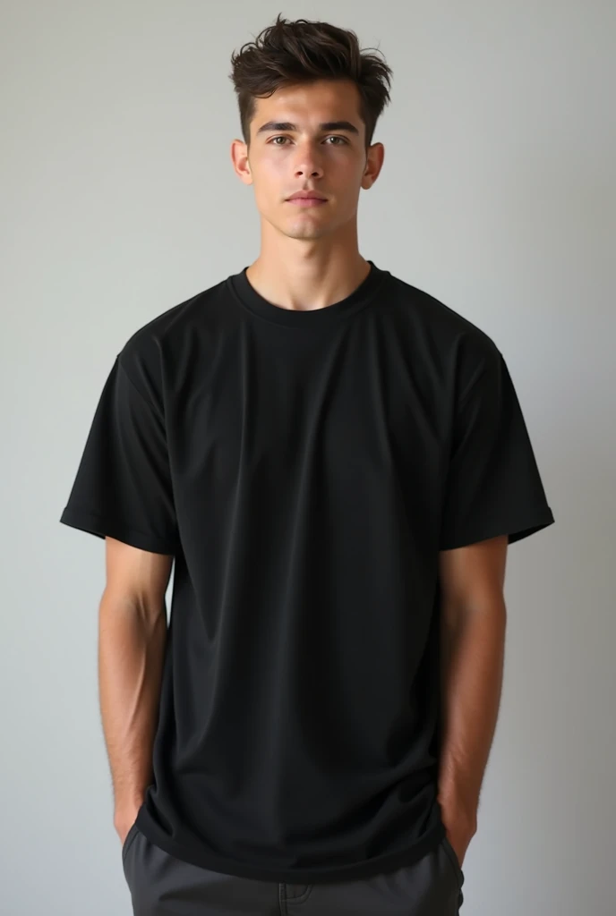 Create a common looking male model, wearing a simple black streetwear style t-shirt.