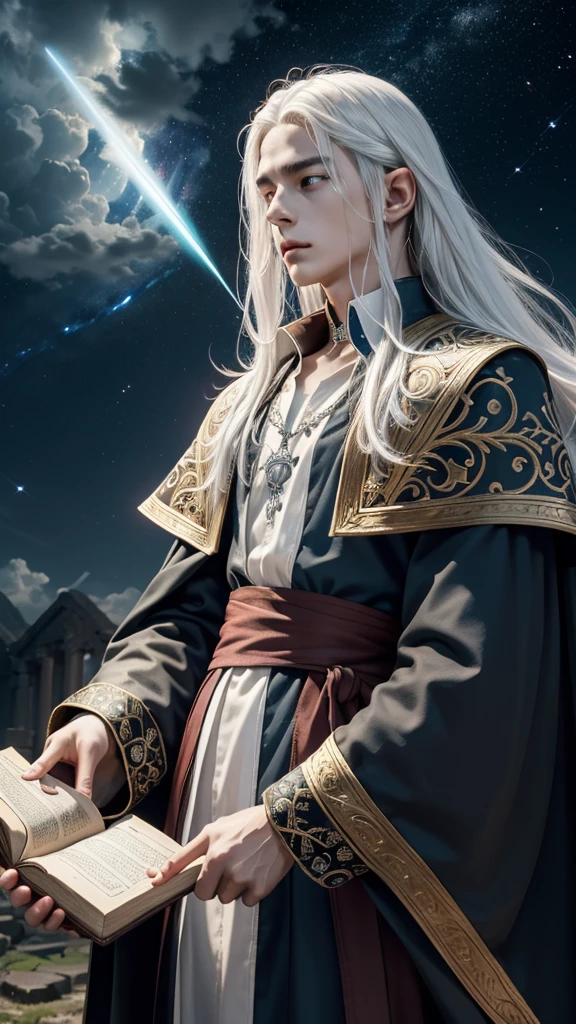 
Exorcising evil spirits in ancient ruins１７A wise young man about his age、Neutral boy、
White hair and sky blue mesh hair、Waist-length hair、Loose Waves、side hair、Tie it to the back with a green string、From the waist up、Eyes of seven colors、Looking sadly at the sky、silver ear cuff、Necklace with blue gemstones and fine engraving、choker、Hair dancing in the wind、(((In his right hand he holds a spellbook engraved with a crimson red pentagram.)))、Staring at the sky, I chant a spell、Open your mouth、((A dazzling light shoots out from the spellbook into the sky.))、Intricate and elegant embroidered innerwear in black and gold、A coat with fluffy white feathers on the collar、Coat fluttering in the wind、White feathers flying in the air、Left hand pointing straight up towards the sky、A small pale light emerges from my fingertips, forming an arrow of light that shoots through the heavens.、Dark sky、lightning、Super wide-angle shot of staring at the grimoire、Focus on people、masterpiece, best quality, ultra detailed, insanely detailed, exquisite, beautiful, 16K, highres