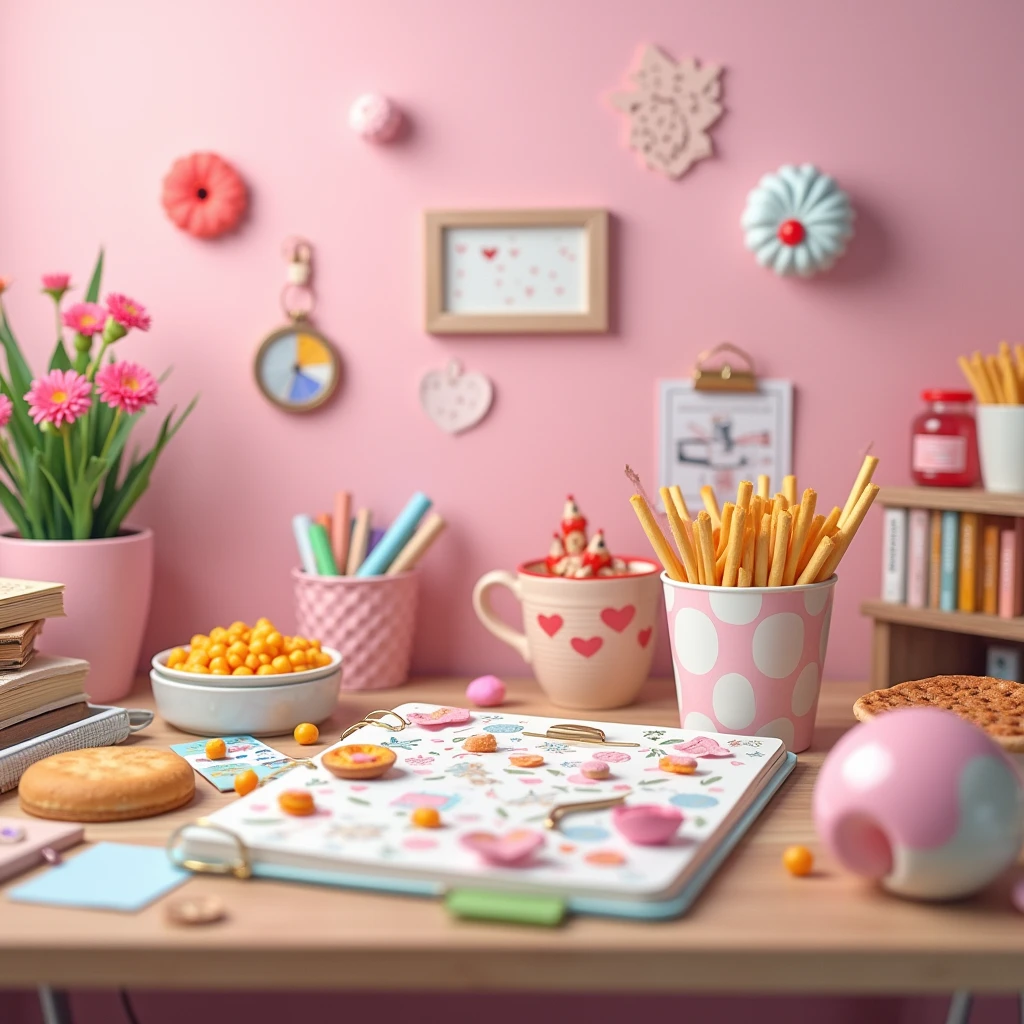 A close up of a table with waste water on it, cloth, books, snacks, chocolate, pink wall background, cute elements, empty desk