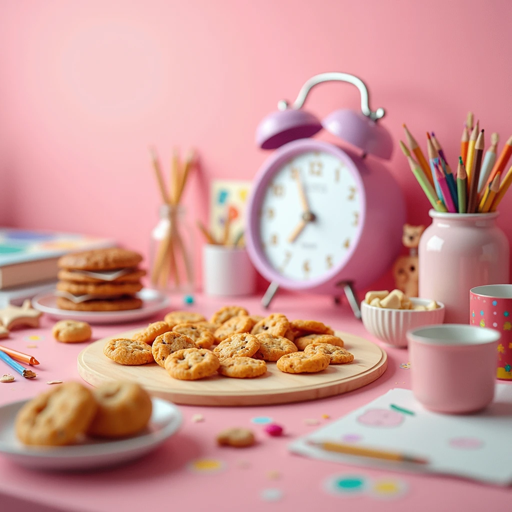 A close up of a table with waste water on it, cloth, books, snacks, chocolate, pink wall background, cute elements, empty desk
