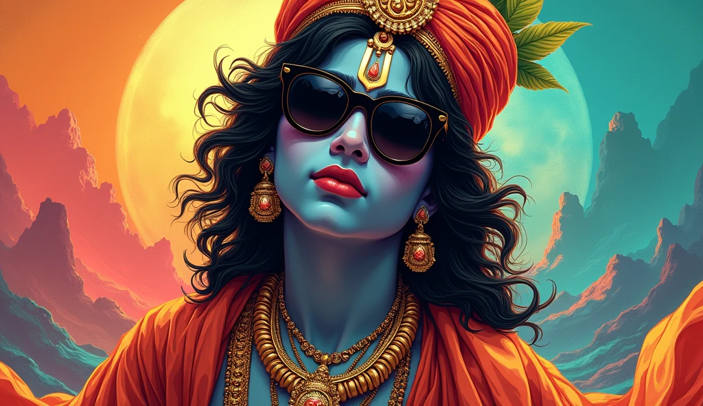 Create a poster of lord krishna in hiphop swag with black stylish black eye glass