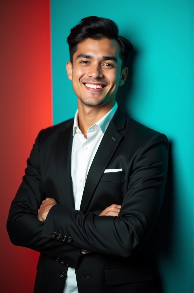 A young man with dark hair and a confident smile. He is dressad in a black blazer over a whiter shirts. The man is postioned against aqua colour backdorp with a subtle red ligthting on the left side. and he posting for linkedin profile