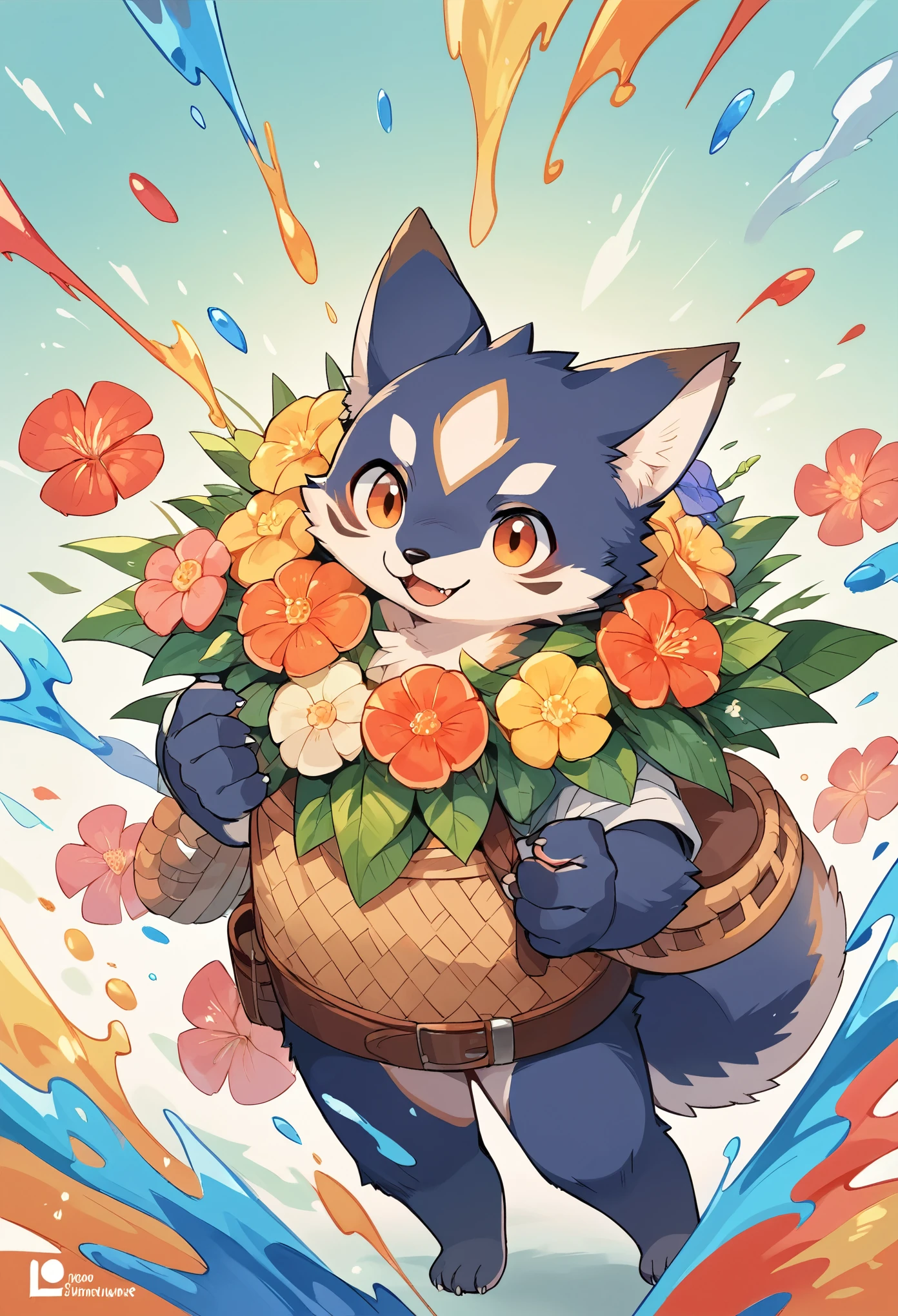 rating_safe, score_9, score_8_up, score_7_up, score_6_up, score_5_up, score_4_up, hires, source_furry, rzminjourney, vector-art, by Alfons Mucha(kemono, furry anthro)logo mark, round, colorful ink splash flower,