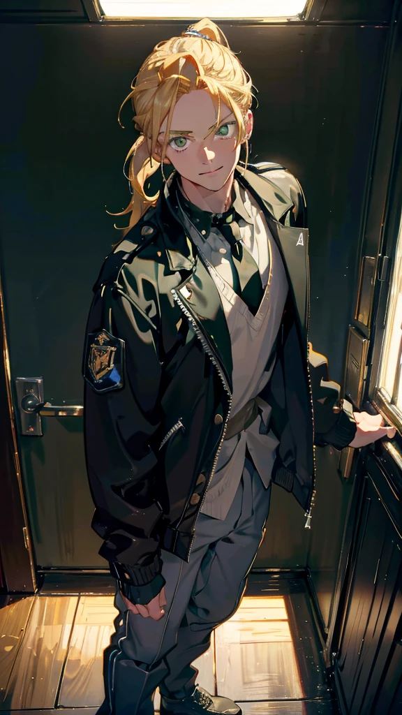 beautiful young male, short blonde ponytail hair, glossy green-tinged hazel eyes, wearing a black jacket and pants, posing with the right index finger touching the lips, with a calm and slightly provocative expression, against a softly blurred warm-toned background light, shot from a slightly high angle, with the person looking directly at the camera, the background lights out of focus.high quality, amount of drawing, pixiv illustration, School boys' uniform, Standing in a school classroom, Wearing a white jacket and pants, smile, Surrealism, chiaroscuro, cinematic lighting, UHD, high details, best quality, highres, 16k