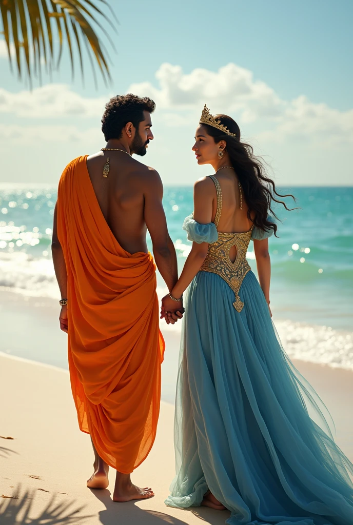 An Indian man wearing an orange dhoti and a blonde skin Portuguese princess wearing a blue and gold dress with a gold crown The portuguese girl and the Indian man are holding the hand of the Portuguese princess They are both walking looking at the camera In the background is a beach with white sand and blue water. The image is in a romantic style, with soft lighting and a dreamy atmosphere