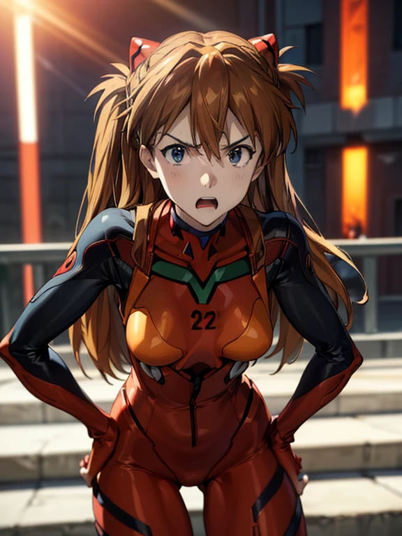 ultra-detailed, illustration, Beautiful Face, Beautiful body, ((souryuu asuka langley, interface headset, red bodysuit:1.4, Orange-brown hair)), glowing eyes, Sparkling Eyes, (beautiful and detailed eyes:1.1), whole body, (((Raise left index finger to attention:1.4, Place the other hand on your hip, Attention gesture))), (Mouth open in a preachy tone:1.25), (Leaning forward), The background is NERV Headquarters, [[delicate fingers and hands:0.55]::0.85],(detail fingers), (Toon Shader Rendering), photo with an 85mm camera, Burning like a phoenix bird, ((masterpiece, best quality, high resolution))