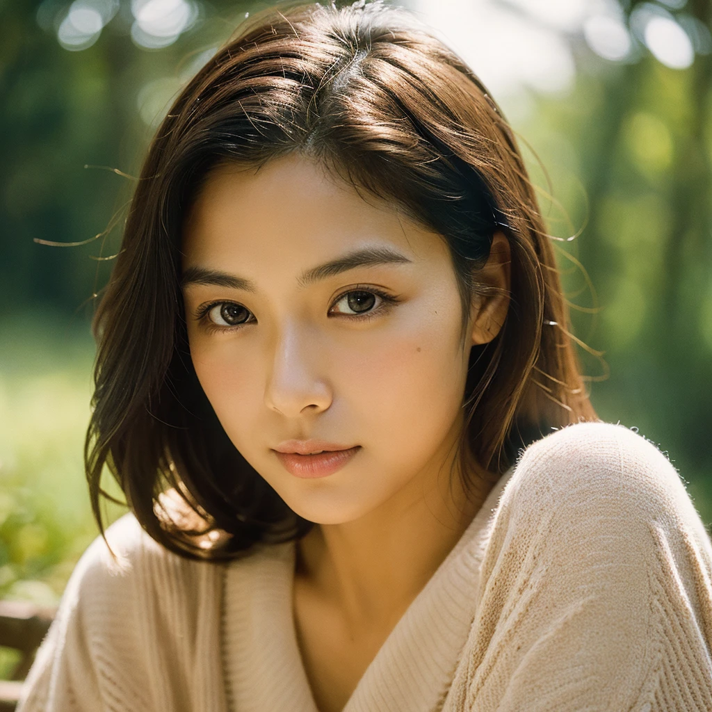 A hyper-realistic image of a single Japanese woman in her early 20s, captured with the nostalgic warmth and subtle graininess of a film camera. Her skin has a warm beige tone with a natural, slightly rough texture that includes visible pores, fine lines, and subtle imperfections such as small blemishes, adding to the authenticity of her appearance. The soft, diffused natural light enhances the film-like quality, casting gentle shadows that create a timeless, organic feel. Her straight, glossy black hair frames her face in a natural, slightly tousled manner, and her deep brown eyes reflect the ambient light, adding depth and emotion. The film camera effect introduces a slight grain and a softer focus, giving the image a warm, nostalgic atmosphere while maintaining the realistic texture of her skin. She is dressed simply, in a way that complements her natural beauty, with the overall composition designed to evoke a sense of genuine, understated elegance. The use of natural light, combined with the deliberately rougher texture of her skin and the film-like qualities, ensures that this image captures the imperfections that make her beauty truly lifelike, focusing solely on this one individual.