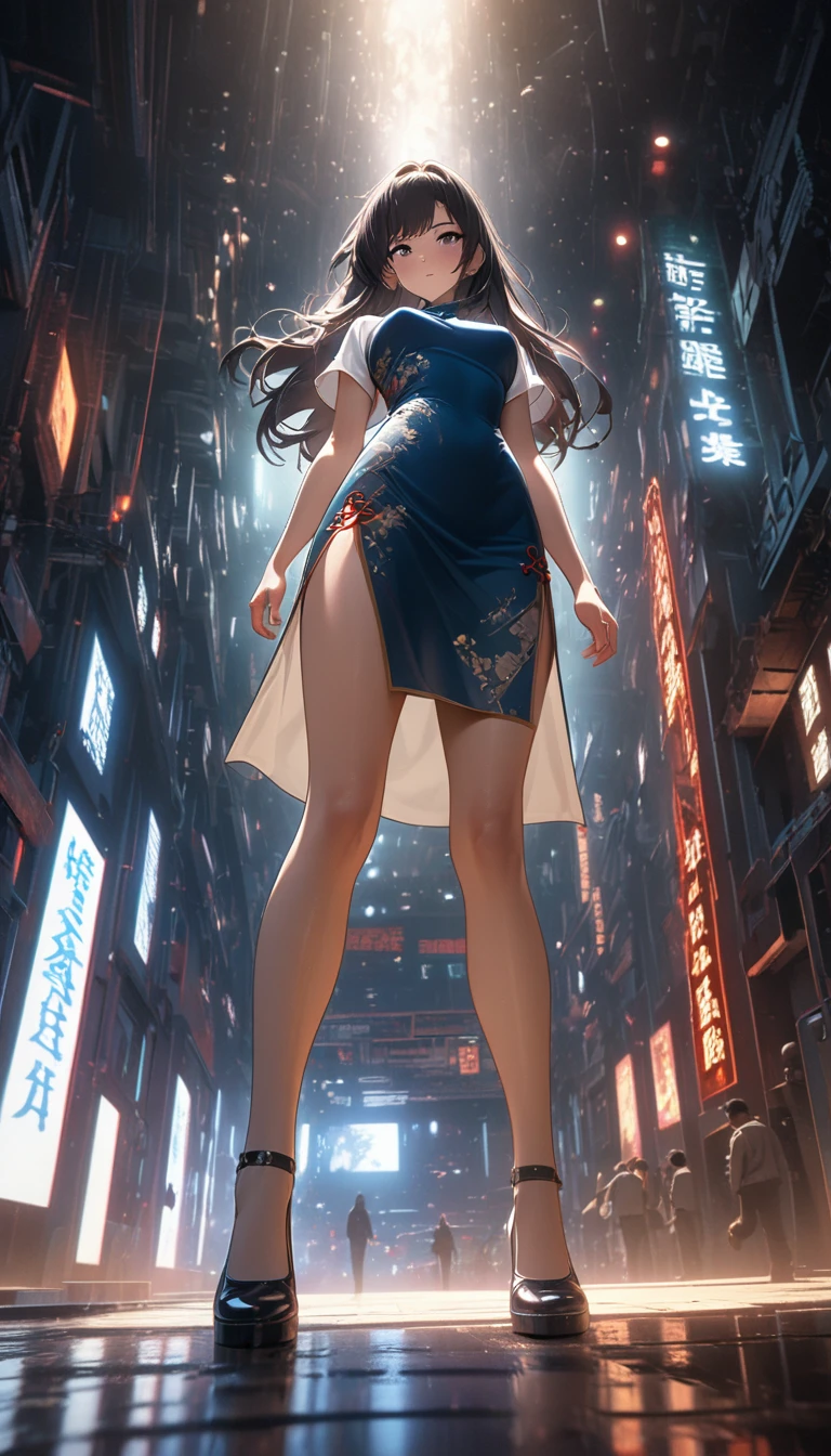 Cheongsam Girl,Long Hair,Pure white background,Depth of written boundary,Low angle view,Calf Level View,Overclocked Renderer,Cinema Lighting,Ultra-fine,Very detailed,complicated,Cinematic Perspective,CG Art,