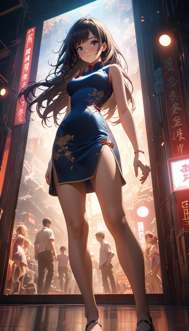 Cheongsam Girl,Long Hair,Pure white background,Depth of written boundary,Low angle view,Calf Level View,Overclocked Renderer,Cinema Lighting,Ultra-fine,Very detailed,complicated,Cinematic Perspective,CG Art,