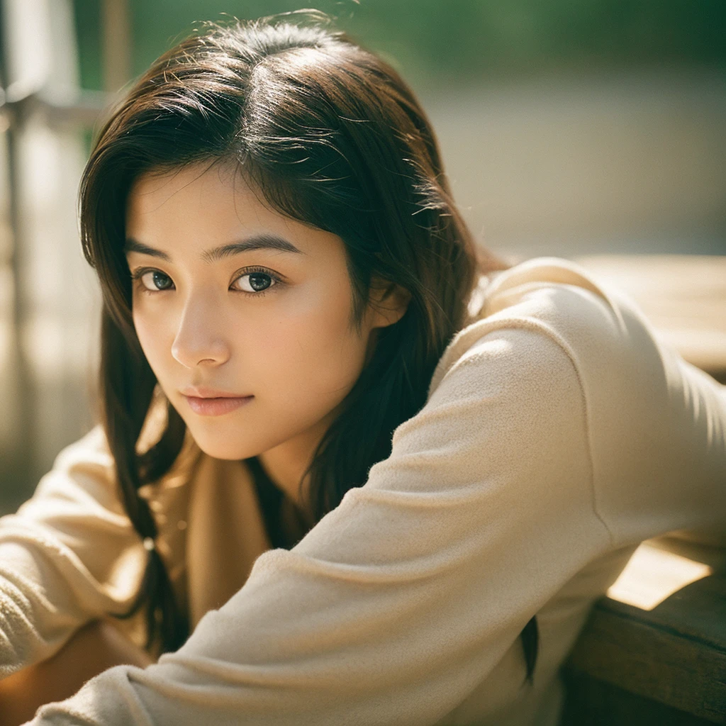 A hyper-realistic image of a single Japanese woman in her early 20s, captured with the nostalgic warmth and subtle graininess of a film camera. Her skin has a warm beige tone with a natural, slightly rough texture that includes visible pores, fine lines, and subtle imperfections such as small blemishes, adding to the authenticity of her appearance. The soft, diffused natural light enhances the film-like quality, casting gentle shadows that create a timeless, organic feel. Her straight, glossy black hair frames her face in a natural, slightly tousled manner, and her deep brown eyes reflect the ambient light, adding depth and emotion. The film camera effect introduces a slight grain and a softer focus, giving the image a warm, nostalgic atmosphere while maintaining the realistic texture of her skin. She is dressed simply, in a way that complements her natural beauty, with the overall composition designed to evoke a sense of genuine, understated elegance. The use of natural light, combined with the deliberately rougher texture of her skin and the film-like qualities, ensures that this image captures the imperfections that make her beauty truly lifelike, focusing solely on this one individual.