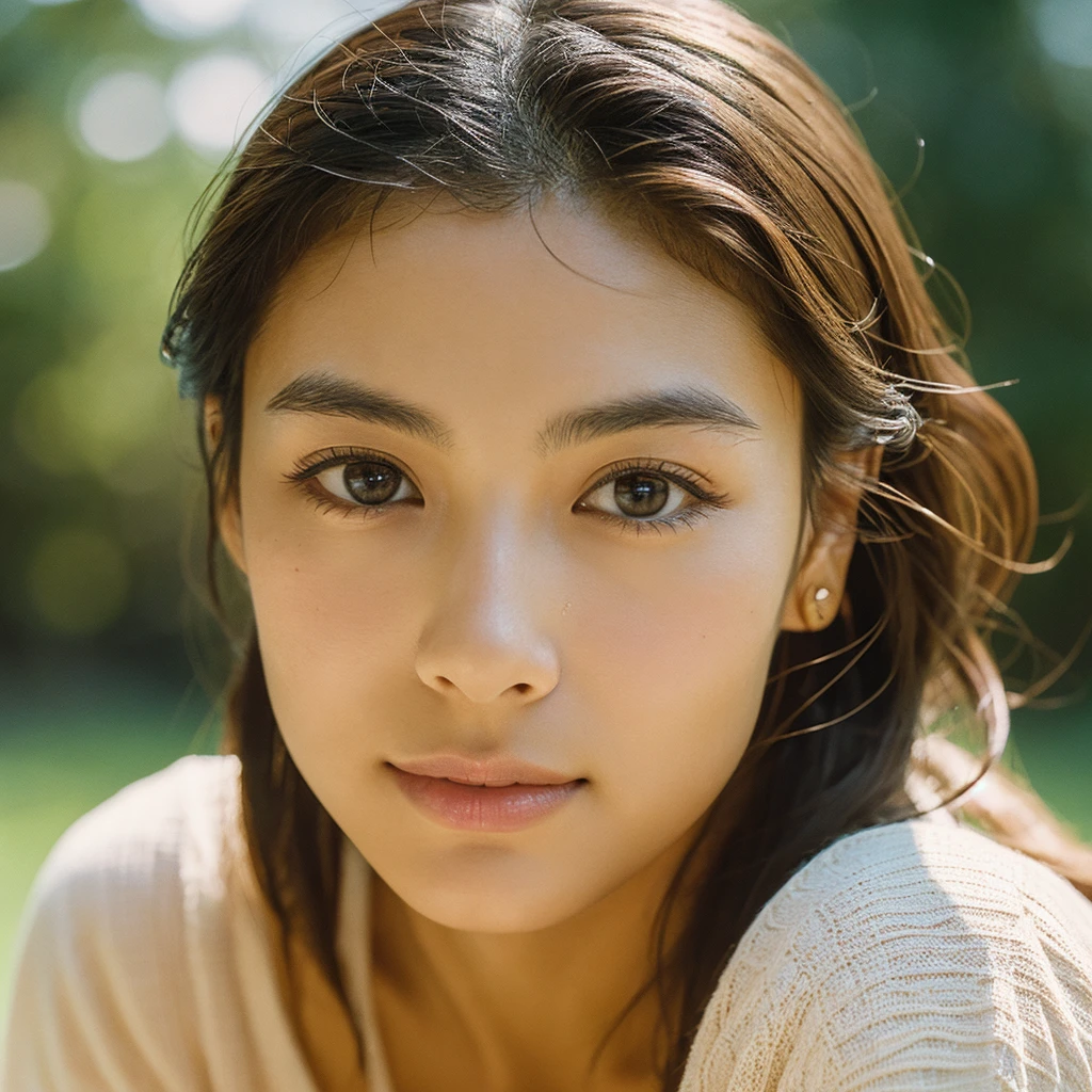 A hyper-realistic image of a single Japanese woman in her early 20s, captured with the nostalgic warmth and subtle graininess of a film camera. Her skin has a warm beige tone with a natural, slightly rough texture that includes visible pores, fine lines, and subtle imperfections such as small blemishes, adding to the authenticity of her appearance. The soft, diffused natural light enhances the film-like quality, casting gentle shadows that create a timeless, organic feel. Her straight, glossy black hair frames her face in a natural, slightly tousled manner, and her deep brown eyes reflect the ambient light, adding depth and emotion. The film camera effect introduces a slight grain and a softer focus, giving the image a warm, nostalgic atmosphere while maintaining the realistic texture of her skin. She is dressed simply, in a way that complements her natural beauty, with the overall composition designed to evoke a sense of genuine, understated elegance. The use of natural light, combined with the deliberately rougher texture of her skin and the film-like qualities, ensures that this image captures the imperfections that make her beauty truly lifelike, focusing solely on this one individual.