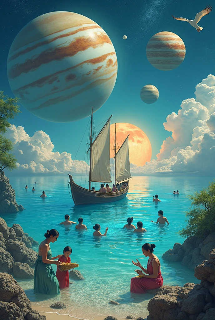 Mixing of Jupiter Uranus mercury mars Venus and earth with boat floating in neon sea and cat flying with eagles and humans swiming in sea happily with women making dall and rice and a person burning fire of blue colour