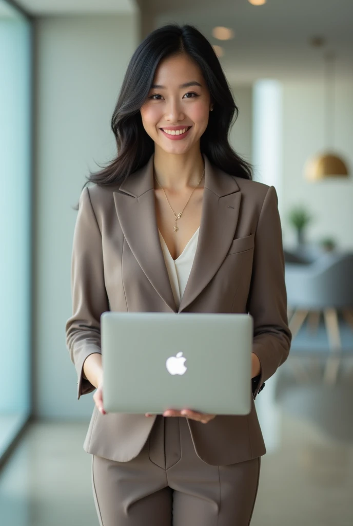 Create an image of an 1 Asian businesswoman standing and working on a MacBook. She is smiling with a cute and charming face. The image is full-body, with a slightly revealing outfit, showcasing a youthful and modern appearance.