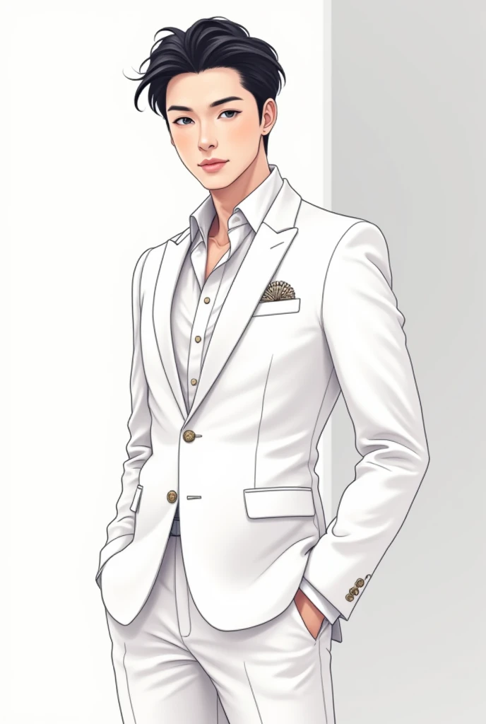 asian guy white suit full body like anime