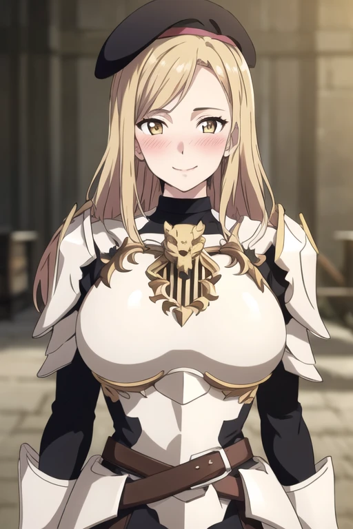 (best quality), (masterpiece), (solo), Kisara, 1girl, blonde hair, long hair, yellow eyes, (big breasts), steel armor, steel pauldrons, belt, steel gauntlets, (black beret), smile, blush, facing the viewer, looking at the viewer, (simple background), (blurry background)