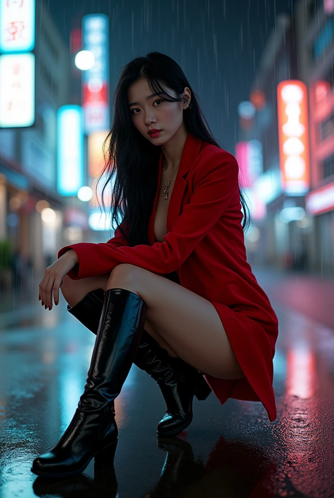 A beautiful asian woman, She is sitting in a pose. hands forward. Full length portrait. She is wearing a tight and short red suit. Black high boots. long black hair. She is in Akibahara, such, It's night, it's raining. Melancholy atmosphere. fashion editorial style. high contrast.
