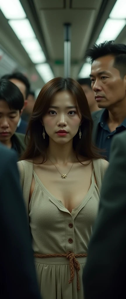 (32K:1.9, Horror depictions:1.9, Highest quality, masterpiece, Ultra-high resolution, Professional random angle camera work:1.5, Very detailedな肌と顔の質感:1.4), Always accurate, Very detailed, bag, (Cute Japanese Woman, Camisole dress and cardigan:1.6, Incredibly slim body:1.3, areola is not visible:1.4, Big breasts on the verge of collapse), ((Crowded train:2.0, Crazy behavior:1.9, Two middle-aged Japanese men hugging a woman from behind on a train:1.7)), belt, Fair skin, elegant, sense of cleanliness, Thin eyebrows, (cry:1.0, Puzzled:1.0, A look that shows deep contempt for you:1.0, Big eyes that exude beautiful eroticism:0.4, Please open your mouth a little, lipstick, Feel the beautiful eroticism:1.0, Dark brown medium hair), Earrings, necklace, bracelet, romantic, mysterious, Object of admiration, original, dramatic, artistic, Innovative, charm, Heartful, Fancy, Tilt, sense of loss, special, ((exciting, Extreme, sense of openness, suffering, sufferingの表現)), ((Mistakes of Youth, 女性的なcharm))