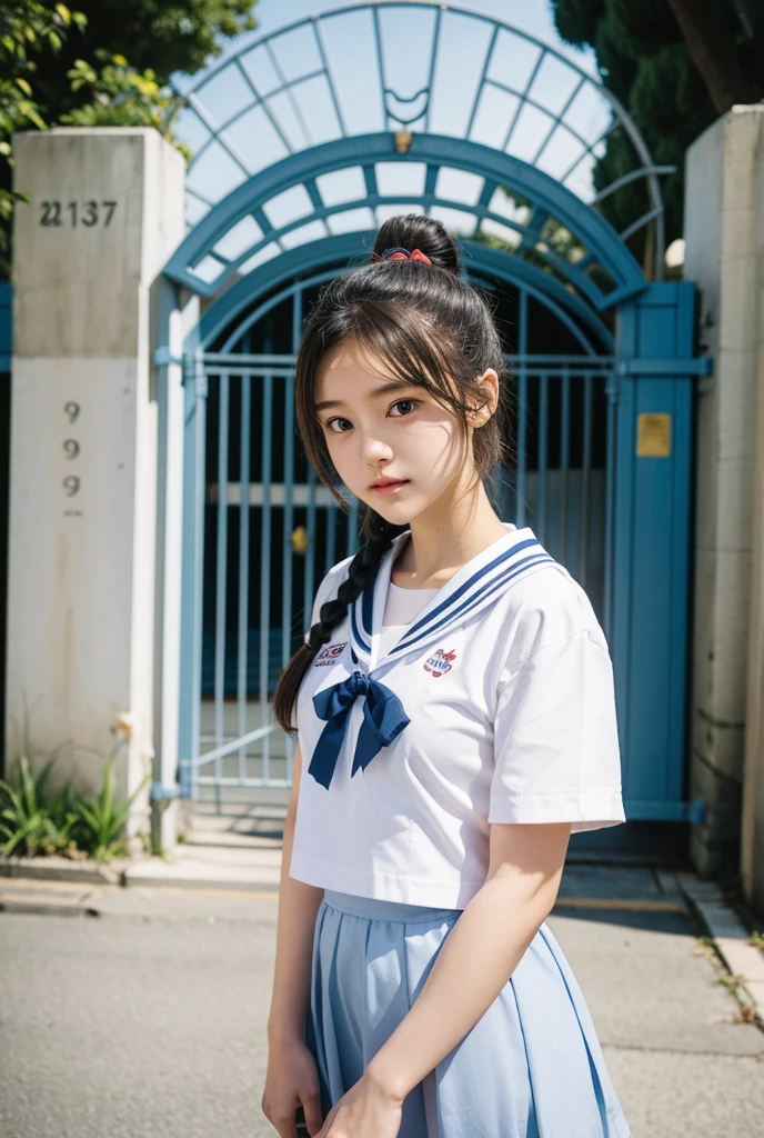 Bun Hair,Sailor suit,high school girl,In front of the school gate