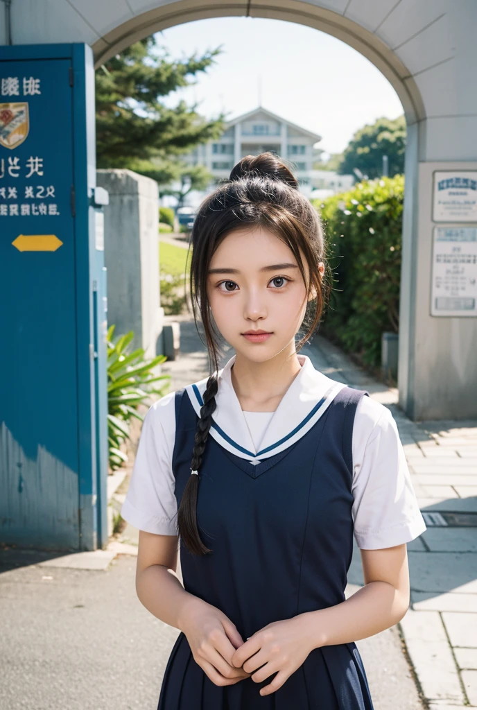 Bun Hair,Sailor suit,high school girl,In front of the school gate