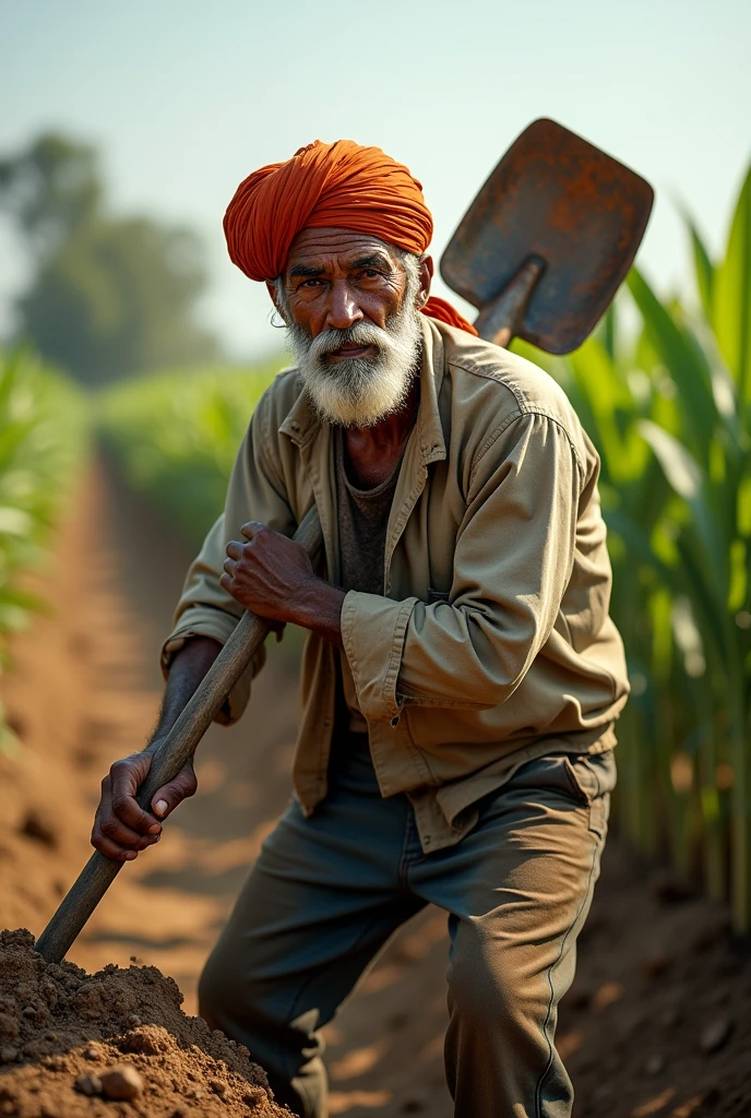 A farmar with turban struggling in the field with farming tools.