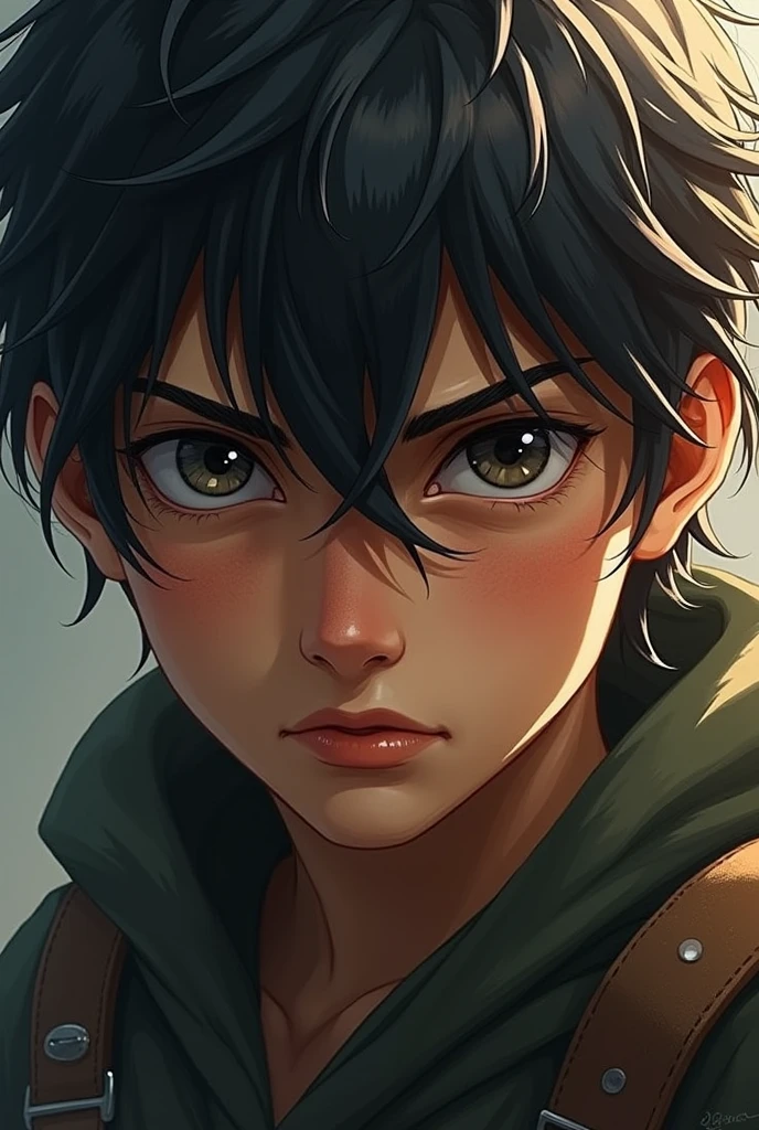 This phrase reflects a strong, composed, and determined expression that the image conveys. Of boy with hunter eye sharp jaw line with messy hair keep that hair infront and it shoukd by boy