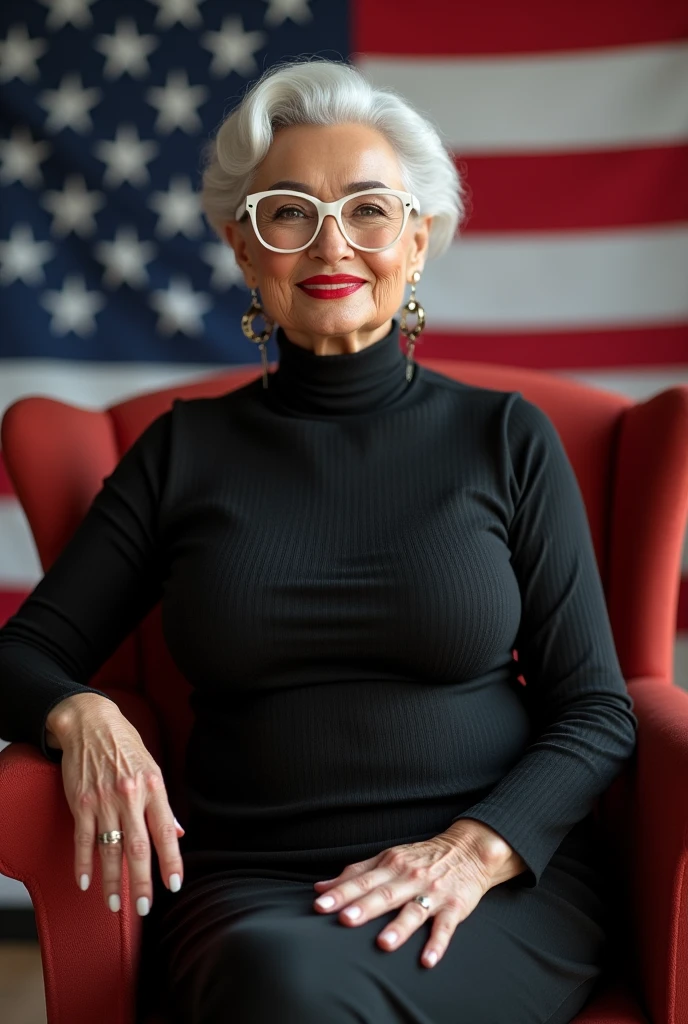 Mature 60+ modern fancy aged women wearing-loose turtleneck bodycon dress. Her big and longer breasts showing their big size she is wearing white glasses long earnings with lipstick looking sexy while on chair American flag background