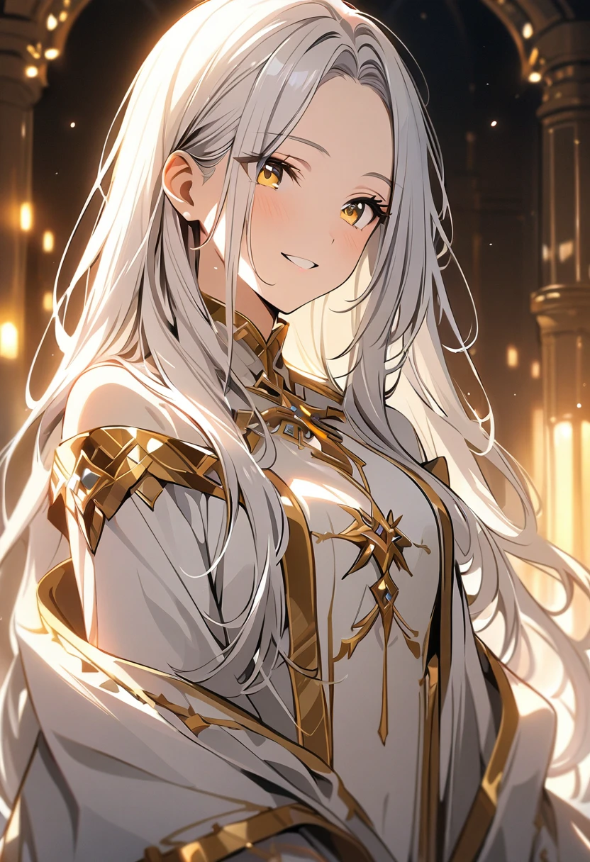 best quality, masterpiece,white hair, gold eyes,white holy clothes, upper body,hair strand,Fair skin, long hair, forehead, gorgeous girl, warm lighting, adorable smile, 4k
