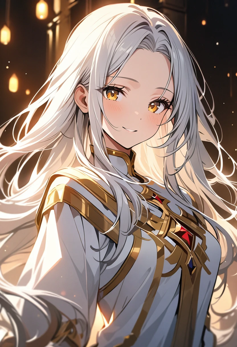 best quality, masterpiece,white hair, gold eyes,white holy clothes, upper body,hair strand,Fair skin, long hair, forehead, gorgeous girl, warm lighting, adorable smile, 4k