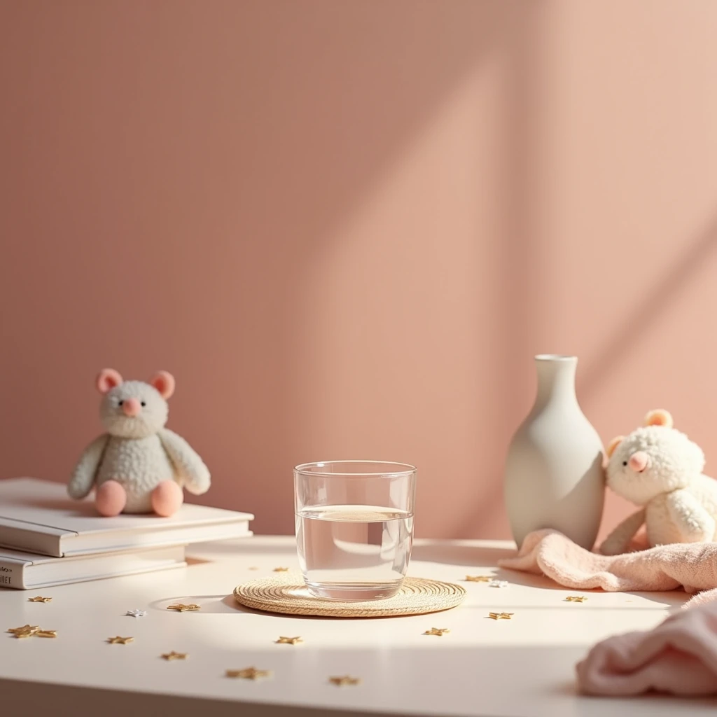 Close up of a table with a glass of water on it, cloth and books, chocolate pink wall background, cute elements, empty desk