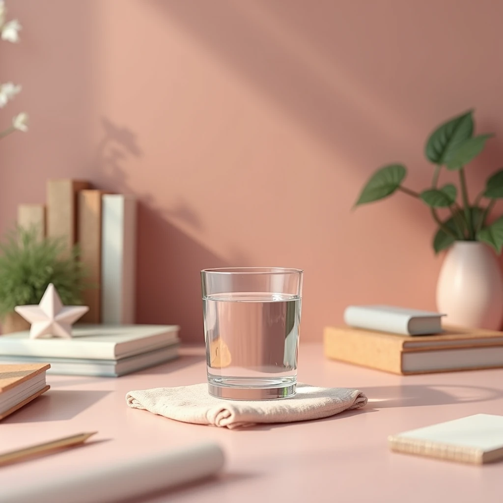 Close up of a table with a glass of water on it, cloth and books, chocolate pink wall background, cute elements, empty desk