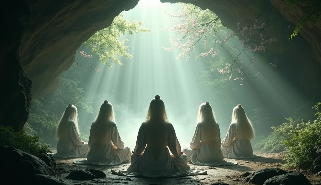 (wide angle shot, far away shot) , A group of woman in Asian Taoism, sitting in cave, with long white hair, sitting cross-legged, hands up on both knees. Taoism, wearing a gray robe, miraculous aura, Taoist master, lush landscape, dark green, plum blossom in cave, god ray light from above, fog