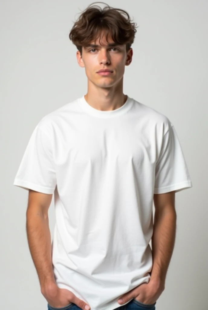 Create a common looking male model, wearing a simple white streetwear style t-shirt.